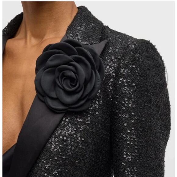 L'Agence Scarlet Black Sequin Cropped Blazer with Rose Pin Size 6 - Picture 3 of 8